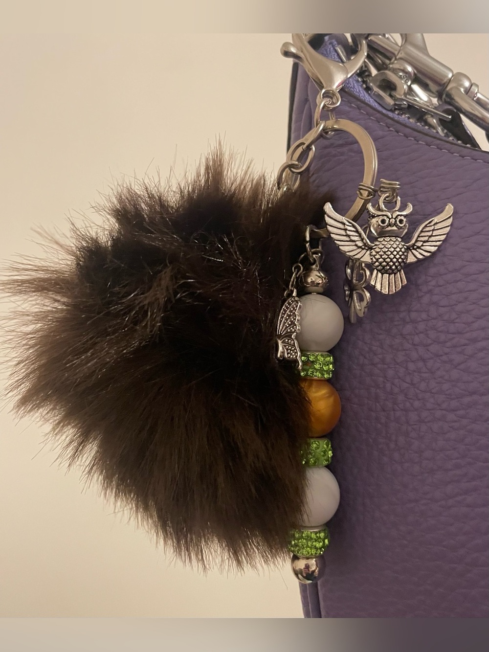 Bag Charm with chocolate faux Fur Pom and Owl Accent-HANDMADE